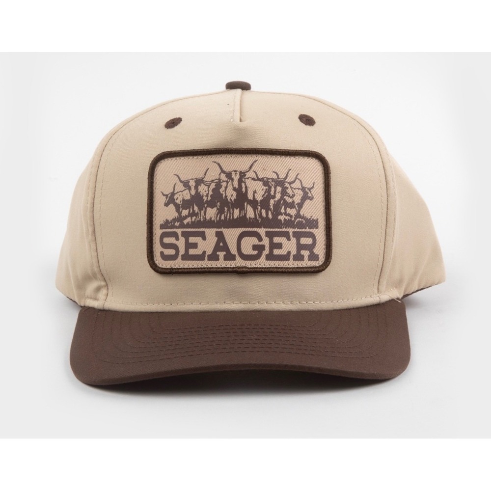 NEW Seager The Heard Trucker Hat Tan Brown Snapback 5-Panel Graphic Patch Cap